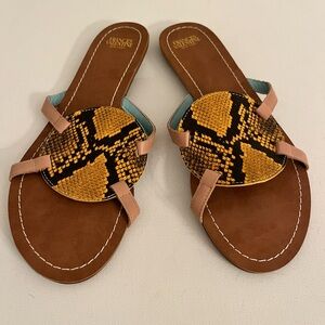 Frances Valentine Circle Slide Brown Vachetta Learheand Yellow Snakeskin Sandals
